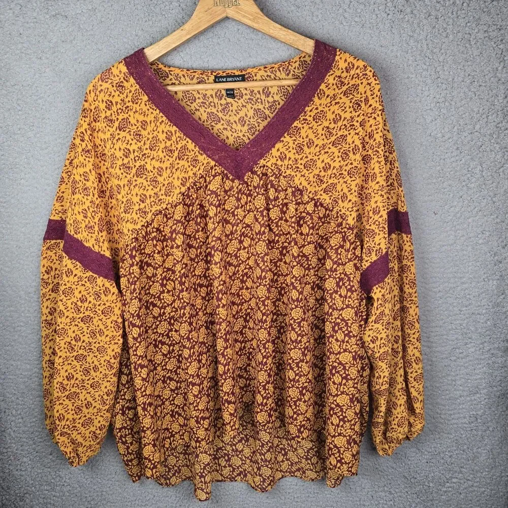 Lane Bryant Plus Boho Floral Blouse 18/20 Burgundy Mustard Yellow Trendy Flowy - Picture 1 of 10